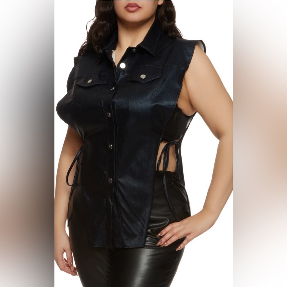 Black silk Plus Size Open Tie Side Tunic Top